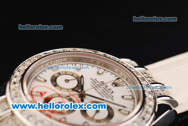 Rolex Daytona Chronograph Miyota Quartz Movement Diamond Bezel with White Dial and White Leather Strap - Click Image to Close